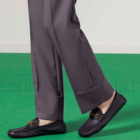 GUCCI mens 12.5 black AYRTON leather Horsebit DOUBLE G WEB Driver Moccasin shoes - Picture 3 of 12